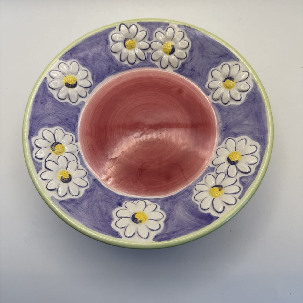 Hand Painted 3 footed trinket tray‎ Daisies pink purple 7 inch